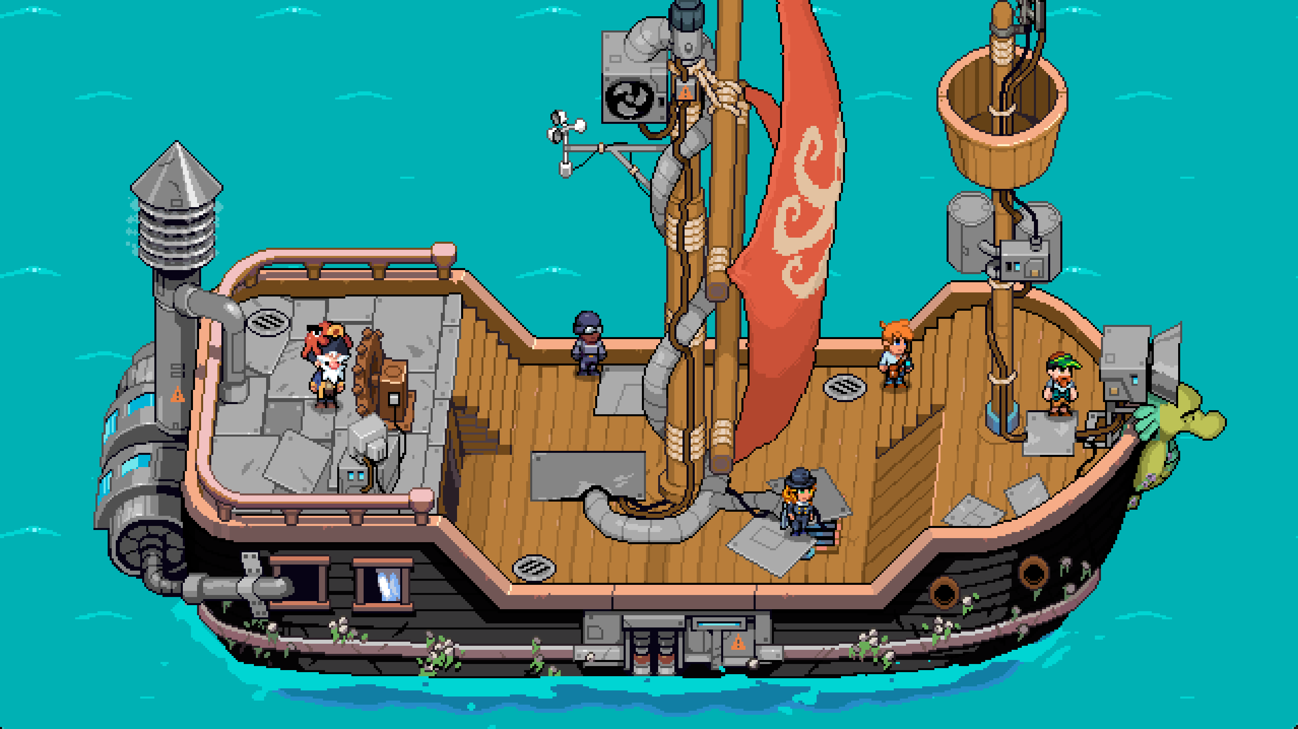 The expedition ship at sea, crew on deck