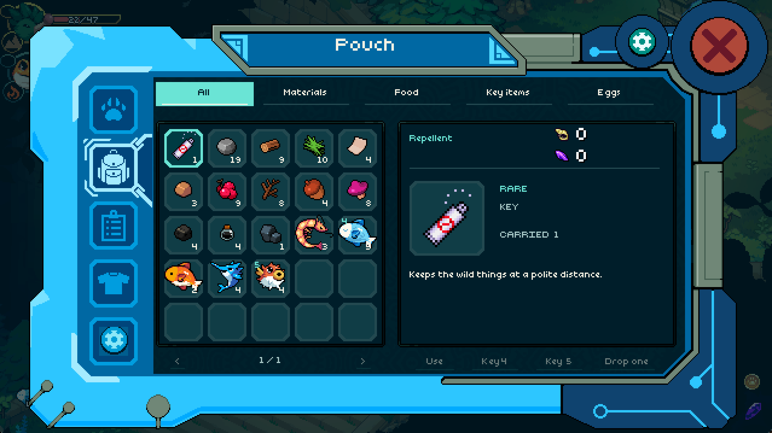 The pouch with materials, food and fish