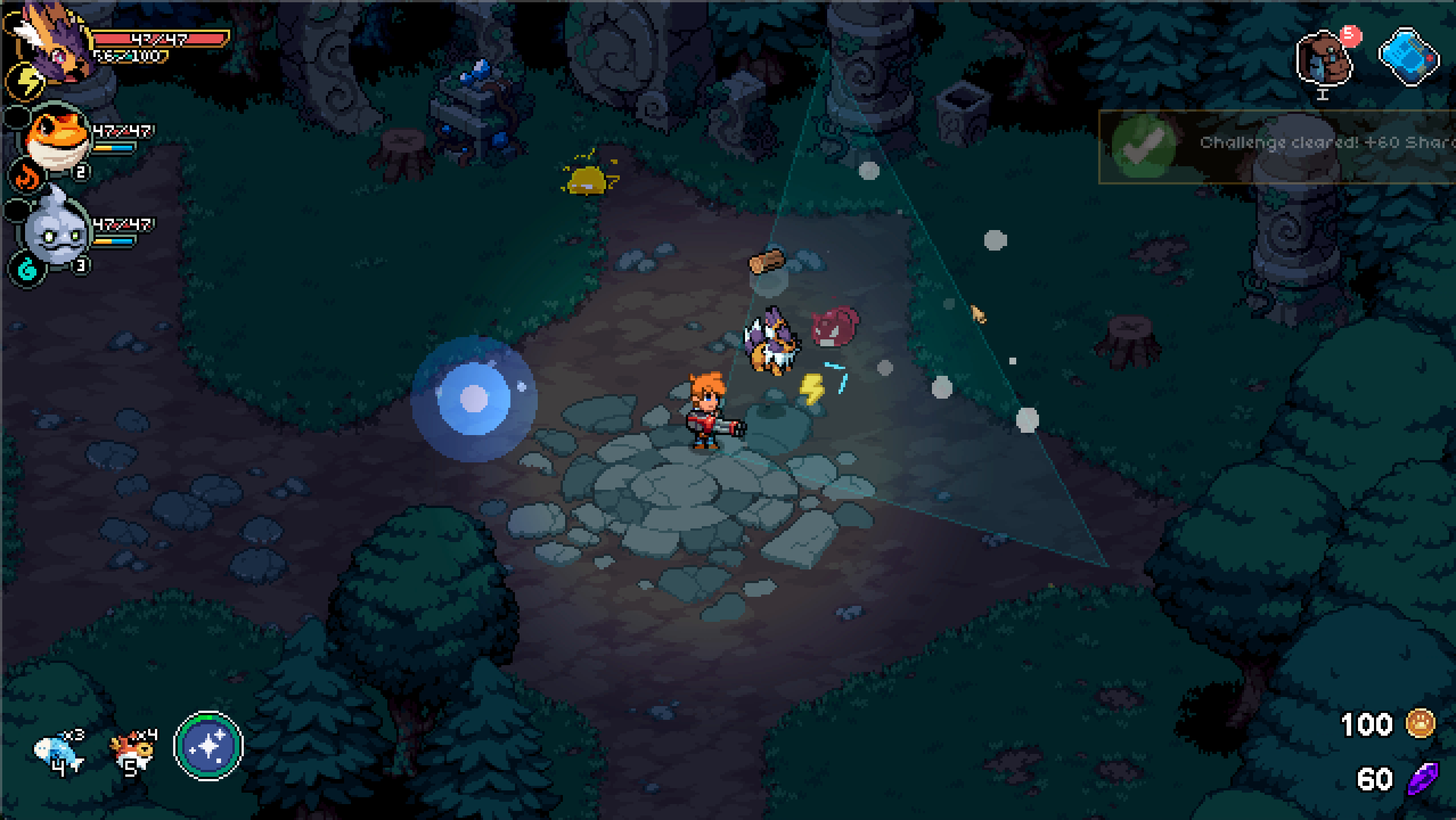 A forest clearing at night, a glowing spirit orb and your beasts